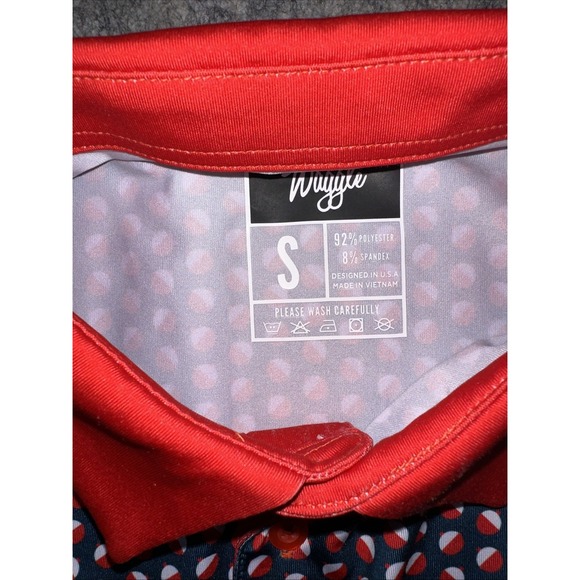Waggle Men Bobby Golf Polo Size Small with all over Red Bobbers print (005-7) - Picture 2 of 7
